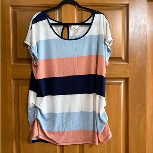 Scoop Neck Striped Short-Sleeve Top in Navy, Coral & Light Blue. PTP 25.